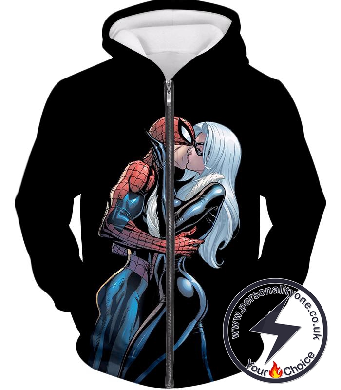 Hot Spiderman Black Cat Kiss Action Black Zip Up Hoodie